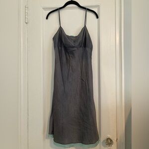 Dosa silk deep steel blue slip dress with turquoise organza trim.